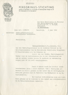 Brief van de Peregrinus Stichting aan Marga Klompé, 3 juni 1959. Archief van het Min. v. Maatsch. Werk, NA 2.15.61, inv.nr. 911.