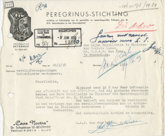 Begeleidende brief van de Peregrinus Stichting, 4 juni 1959. Archief van het Min. v. Maatsch. Werk, NA 2.15.61, inv.nr. 911.